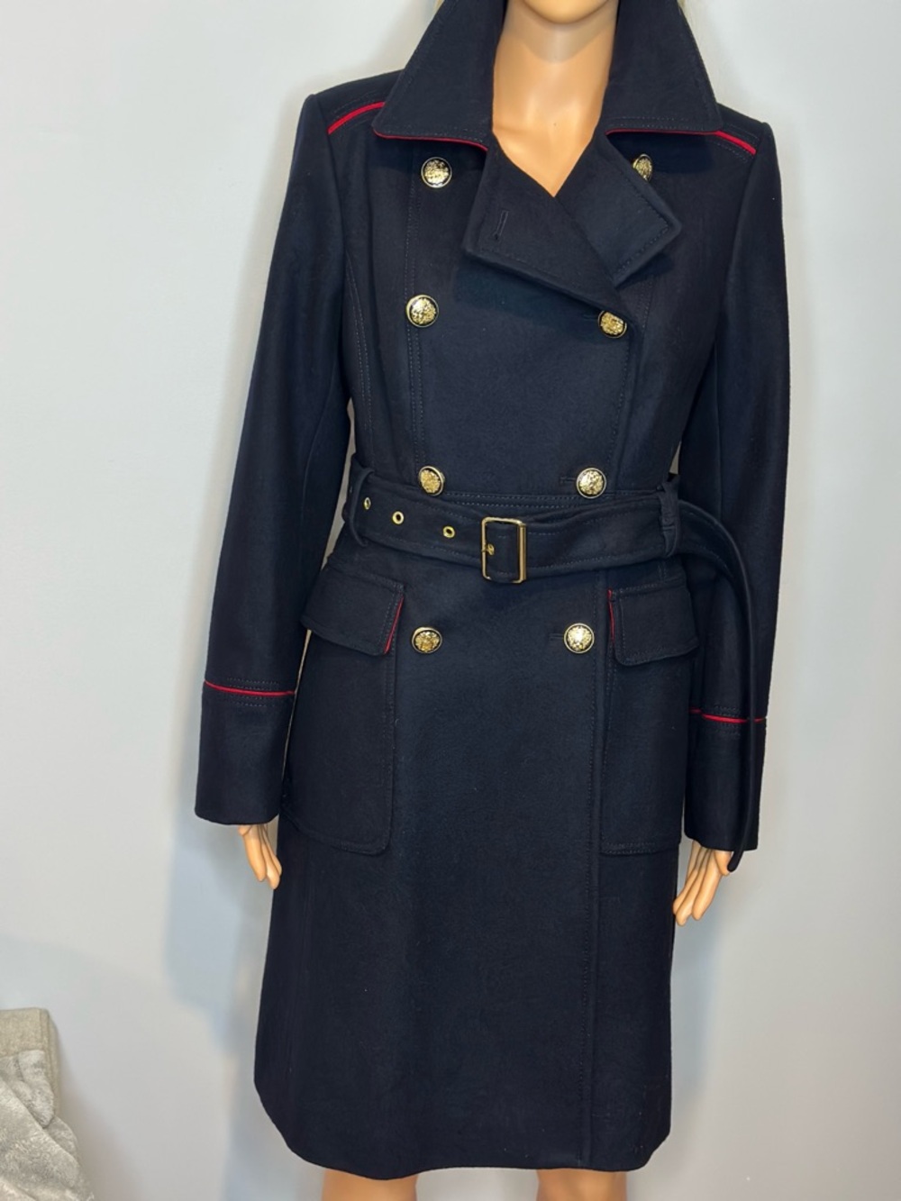Vince Camuto Wool Navy Double-Breasted Trench Coat with Red Trim Sz S like new - Picture 3 of 12